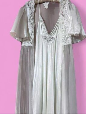 Vintage White Full Length Slip Dress with Lace Detailing + Matching Sheer Robe